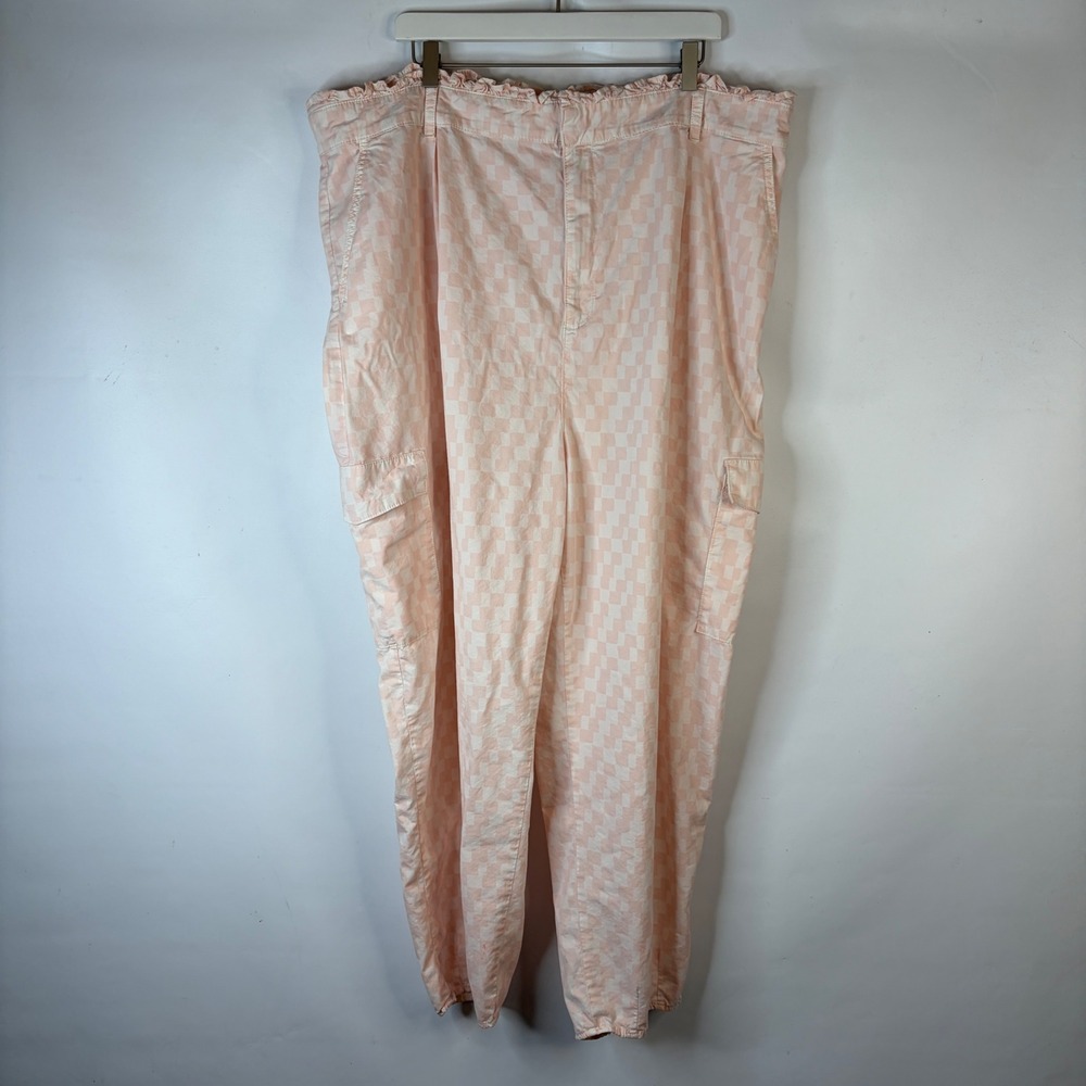 BP Checkered Cargo Pants Womens 3X Pink White Paperbag Waist Barrel Leg